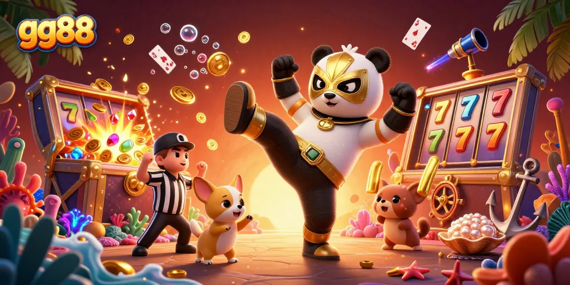 Experience exciting slots gameplay and vibrant celebration with gg88 characters in a dynamic casino scene.