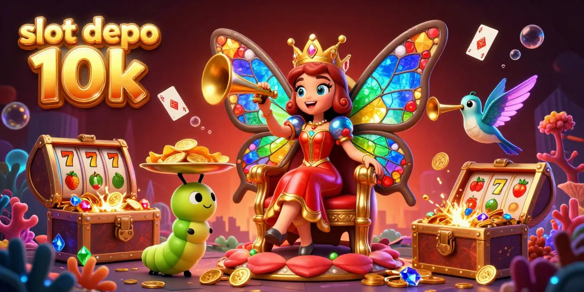 Engage with slot depo 10k through this vibrant, detailed 3D illustration showcasing a butterfly queen amidst thrilling casino elements.