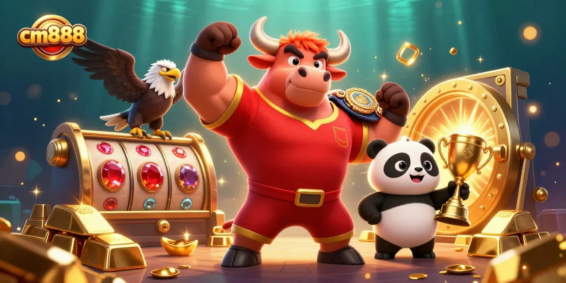 Engage with cm888's vibrant casino scene featuring a joyful panda, victorious bull, and winning eagle amidst golden treasures.