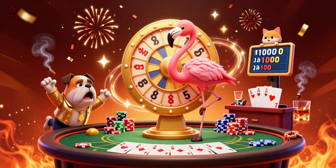 Join the excitement at FV88 with a vibrant 3D illustration of a flamingo host and playful bulldog contestant.