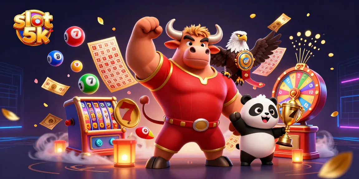 Spin to win at slot 5k with this vibrant illustration featuring lucky symbols and celebratory characters.