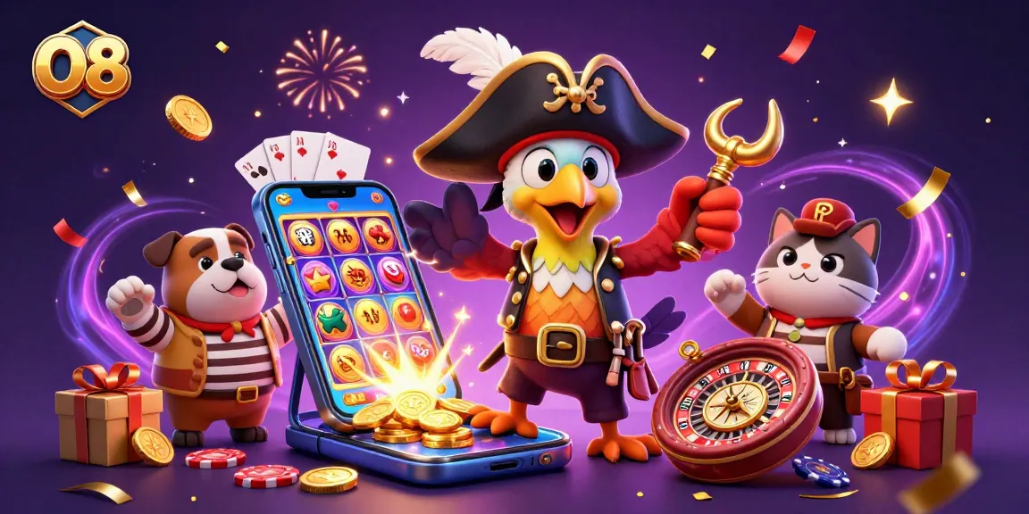 Bet on winning spins at O8 with a colorful slot game illustration featuring pirate characters.