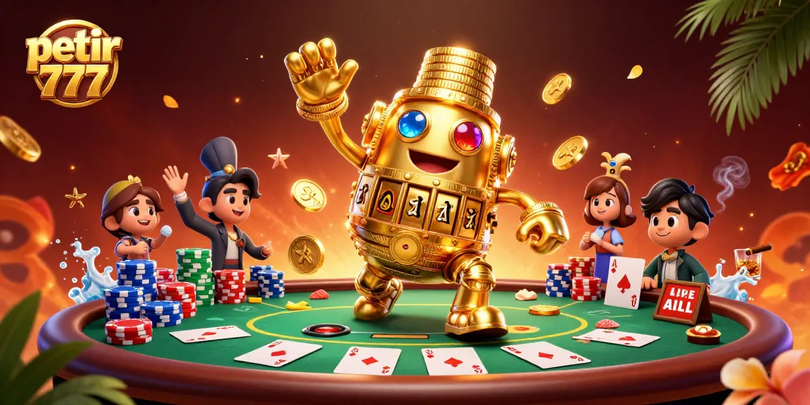 Experience the excitement of petir 777 with a dazzling casino-themed illustration featuring golden coins and poker elements.