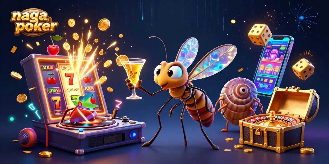 Naga poker game features a lively casino scene with animated characters celebrating jackpots and winnings.
