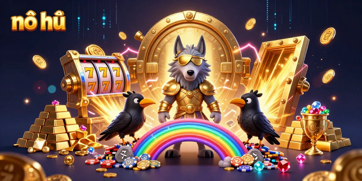 Experience the excitement of nổ hũ with classic slot symbols and shiny treasures in this vibrant casino scene.