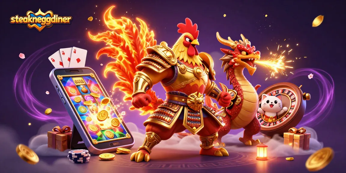 Engage with steakneggdiner's vibrant gaming scene featuring a dynamic rooster warrior and dragon hatchling.