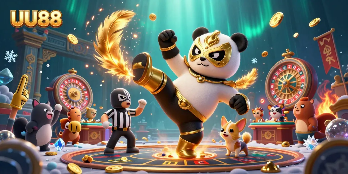 UU88 showcases an exciting live casino scene with a panda wrestler and vibrant characters celebrating victories.