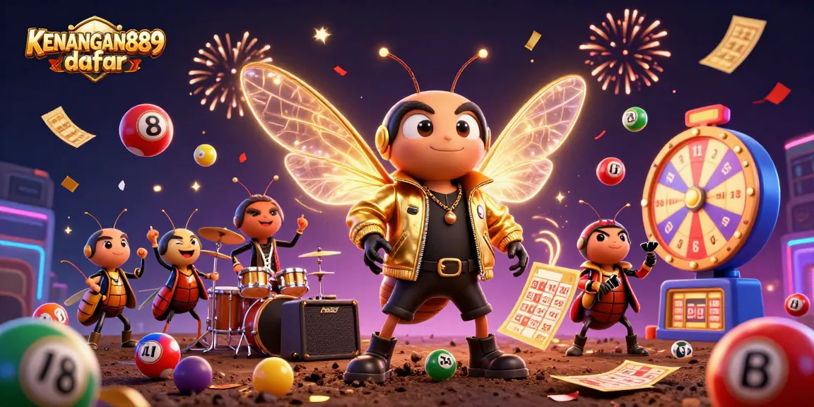 Experience KENANGAN889 daftar with a vibrant casino-themed 3D illustration of a rock star cicada, lively drummers, and dynamic game elements.
