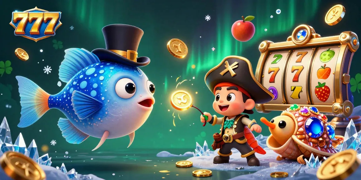 Unleash your luck at 777 with colorful slot reels and whimsical sea creatures in a thrilling casino-themed scene.