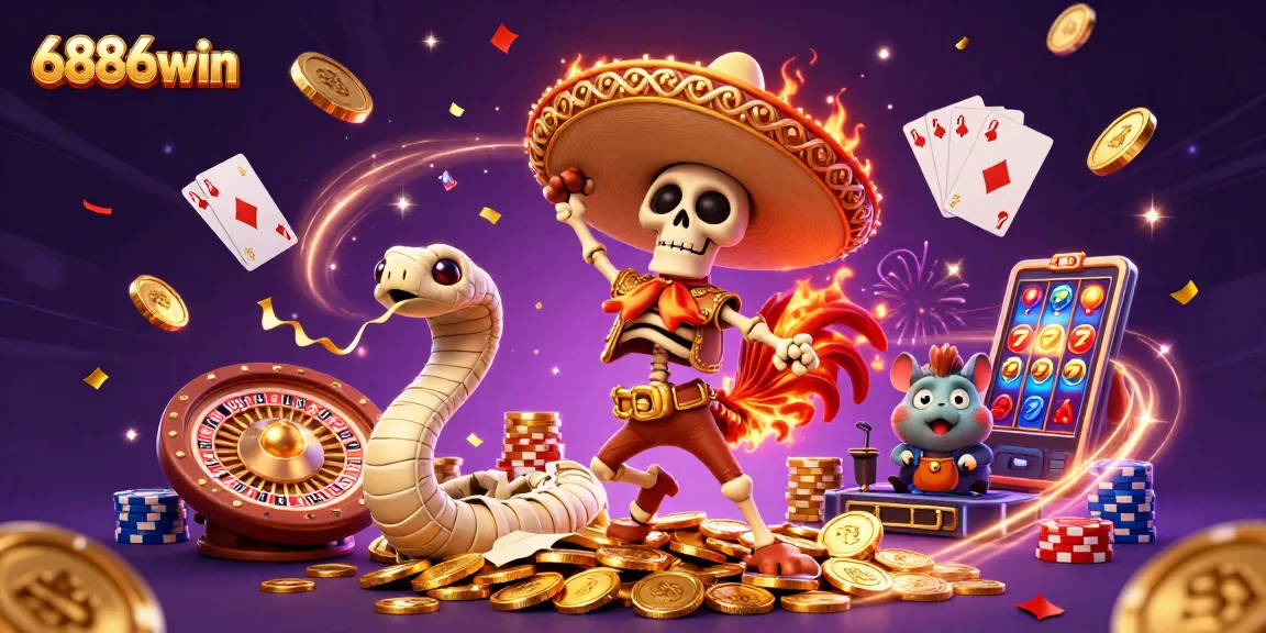 Celebrate wins at 6886win with a vibrant casino scene featuring a mariachi rooster and more.