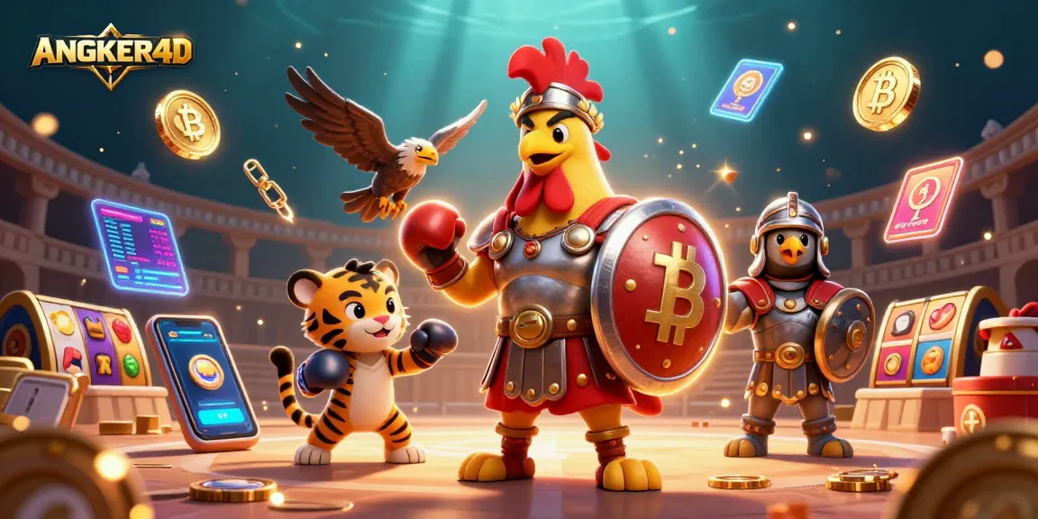 Engage with ANGKER4D's vibrant casino scene featuring a gladiator rooster among slot game elements.
