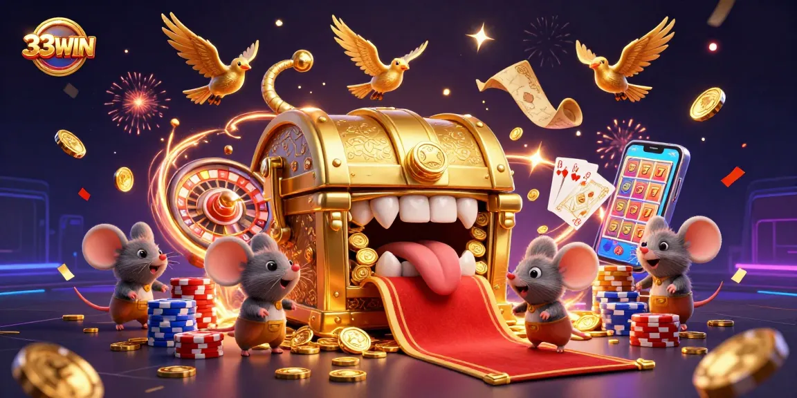 Engage with the vibrant world of 33WIN featuring treasure and casino excitement in a thrilling casino scene.