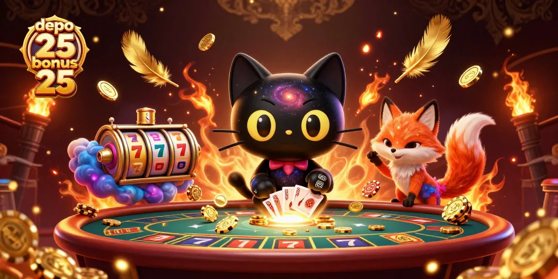 Mengambil keuntungan dari depo 25 bonus 25 di kasino online dengan ilustrasi kucing galaksi dan rubah nebula.