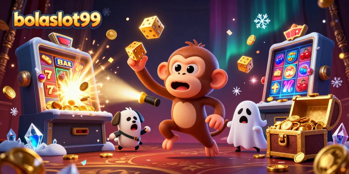 Experience the thrill of bolaslot99 with a playful poltergeist monkey juggling golden casino treasures.