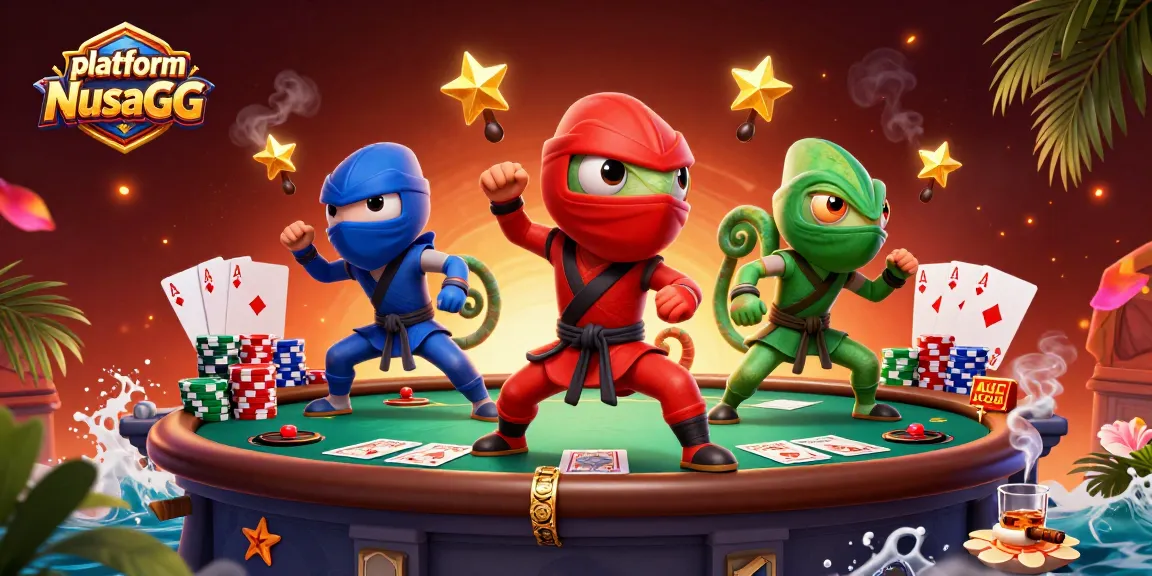 Engage with platform NusaGG through this vibrant, action-packed casino illustration showcasing poker excitement.