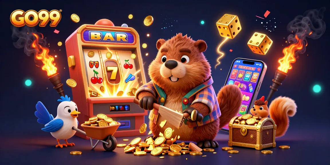 Spin the reels and win with GO99's vibrant 3D casino jackpot scene featuring adorable characters.