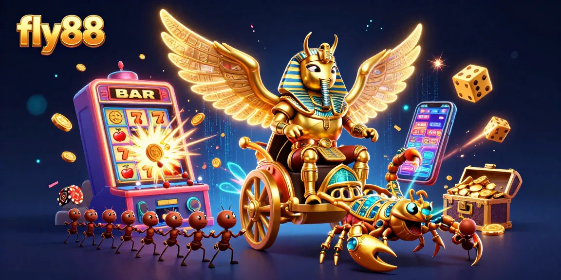 Experience thrilling wins with fly88, featuring a vibrant 3D scene of a colossal beetle and jackpot slots.