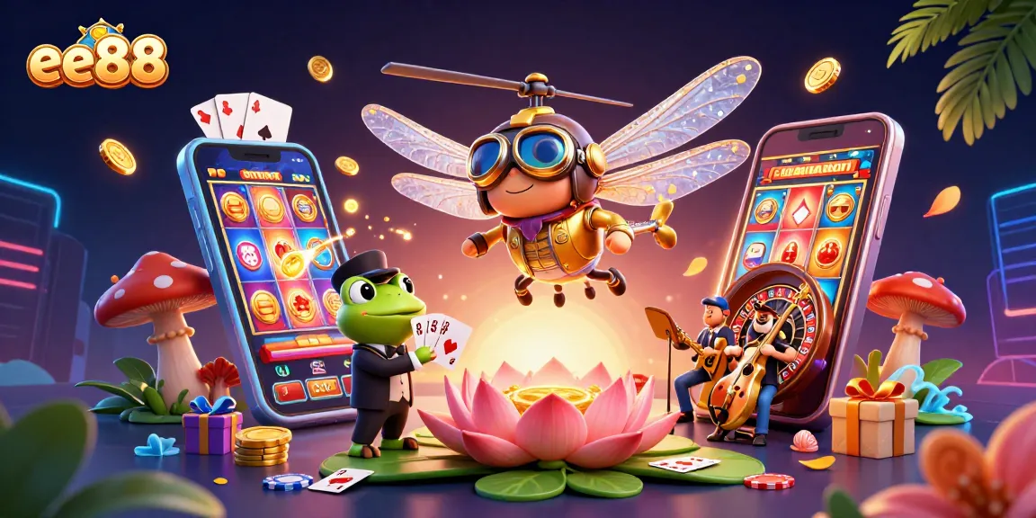 Play exciting slots at ee88 with a dragonfly pilot and frog dealer amidst vibrant casino action!