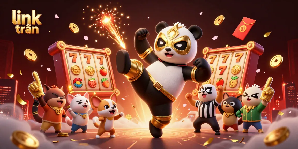 Experience link trần with a panda wrestler in a dynamic casino illustration, surrounded by rich gaming symbols.