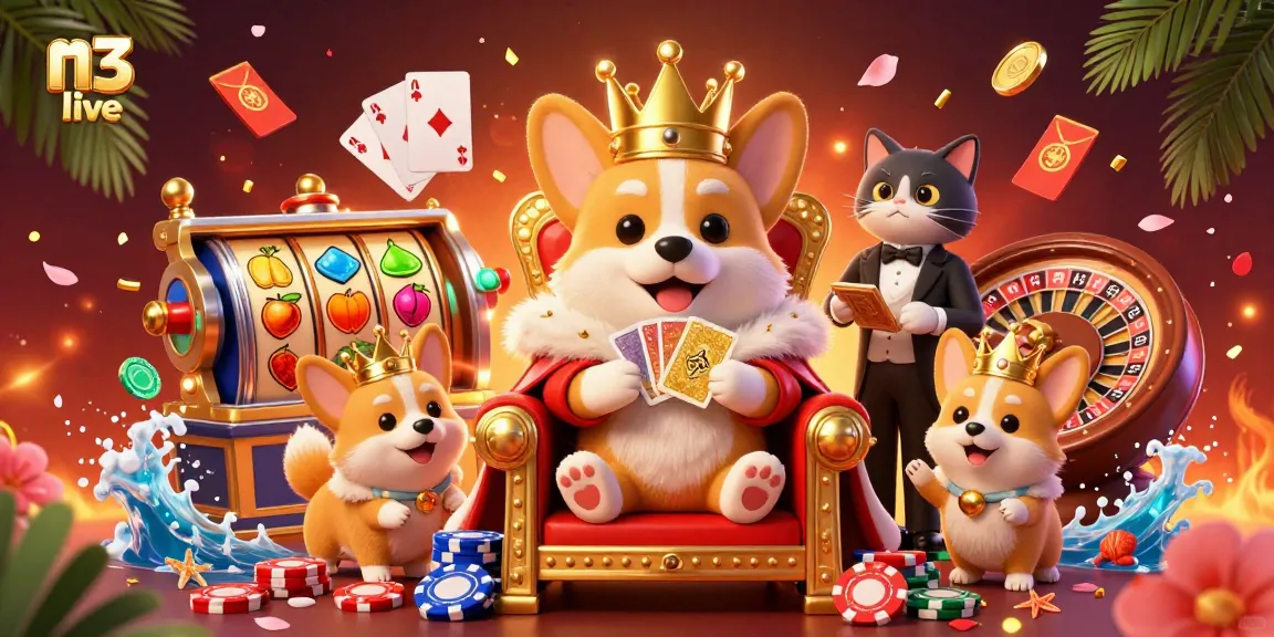 Spin and win at m3 live with an energetic royal corgi surrounded by vibrant casino elements.