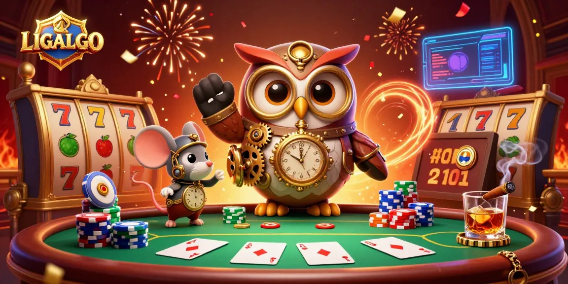 LIGALGO showcases the excitement of online slots, featuring a 3D owl and vibrant casino elements.