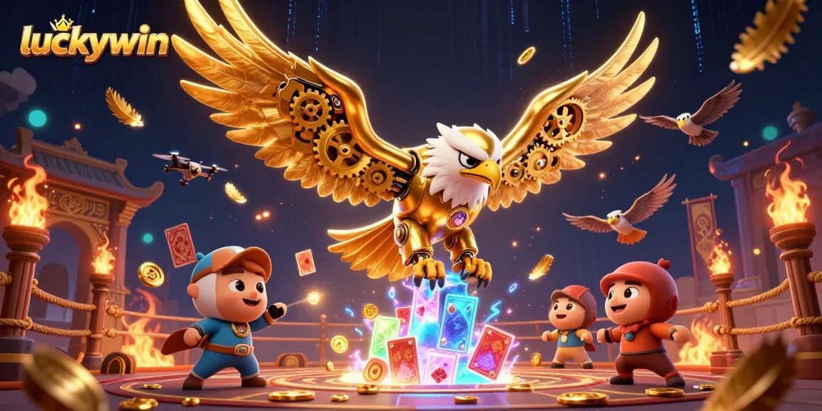 Dynamic luckywin gaming scene featuring a golden eagle and holographic cards