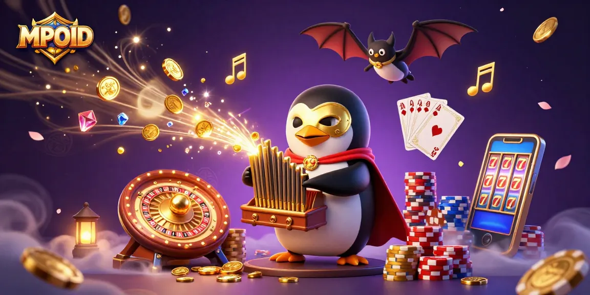 MPOID penguin plays organ as golden coins fly, capturing the essence of exciting online casino fun.