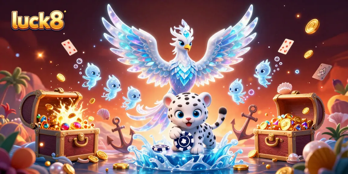 Engage in exciting slots with luck8, featuring a vivid illustration of an ice phoenix and magical sprites surrounded by treasure.