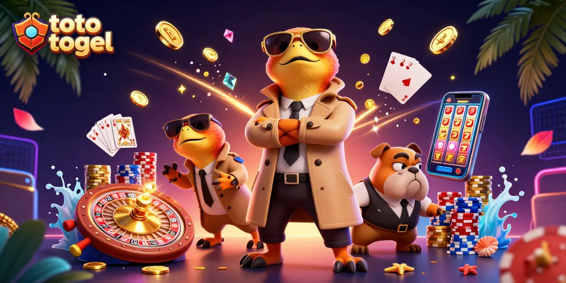 Menangkan toto togel dengan tiga raptor dalam jas memasuki kasino dengan tumpukan koin emas dan kartu.