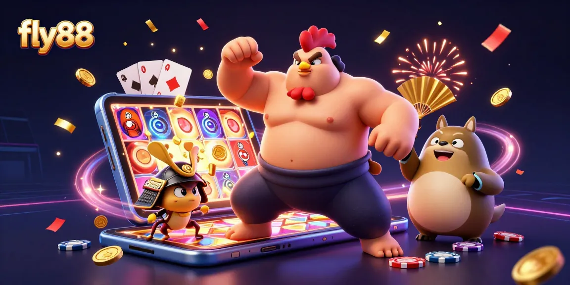Engage with fly88's thrilling gaming world featuring a powerful sumo rooster and dynamic casino elements.