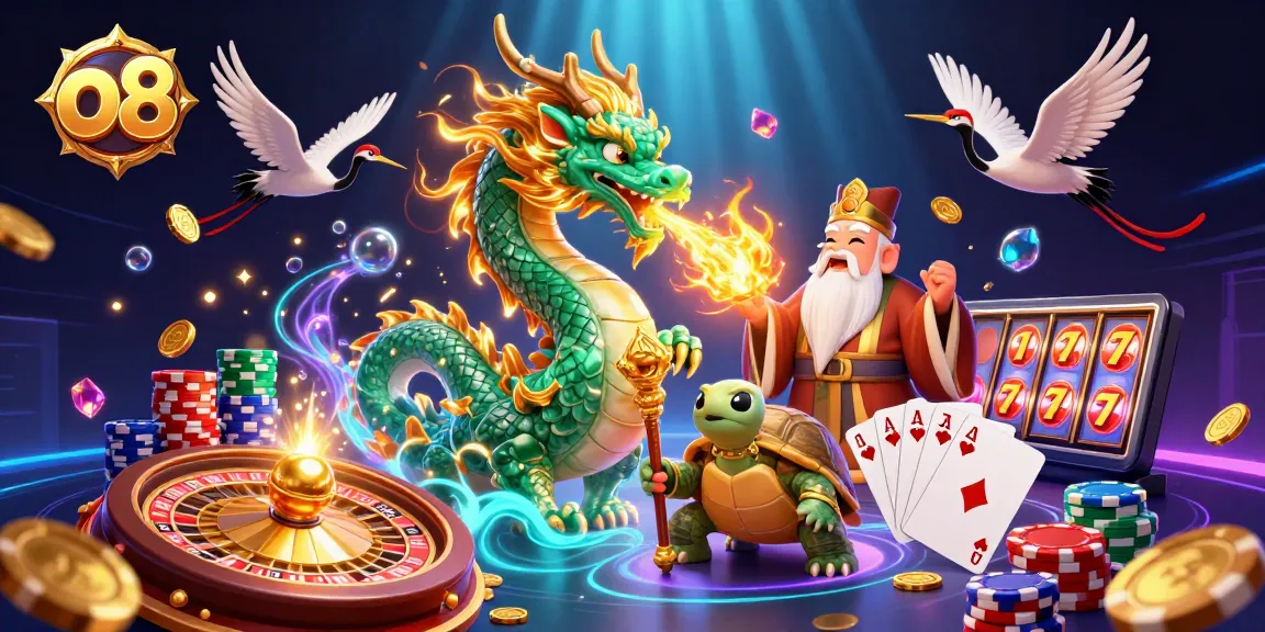 Play exciting games at O8 Casino with a vibrant scene showcasing a jade dragon and lucky symbols.