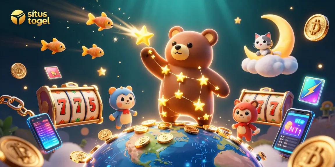 Scoop winnings with situs togel amidst vibrant slot reels and glowing crypto coins.