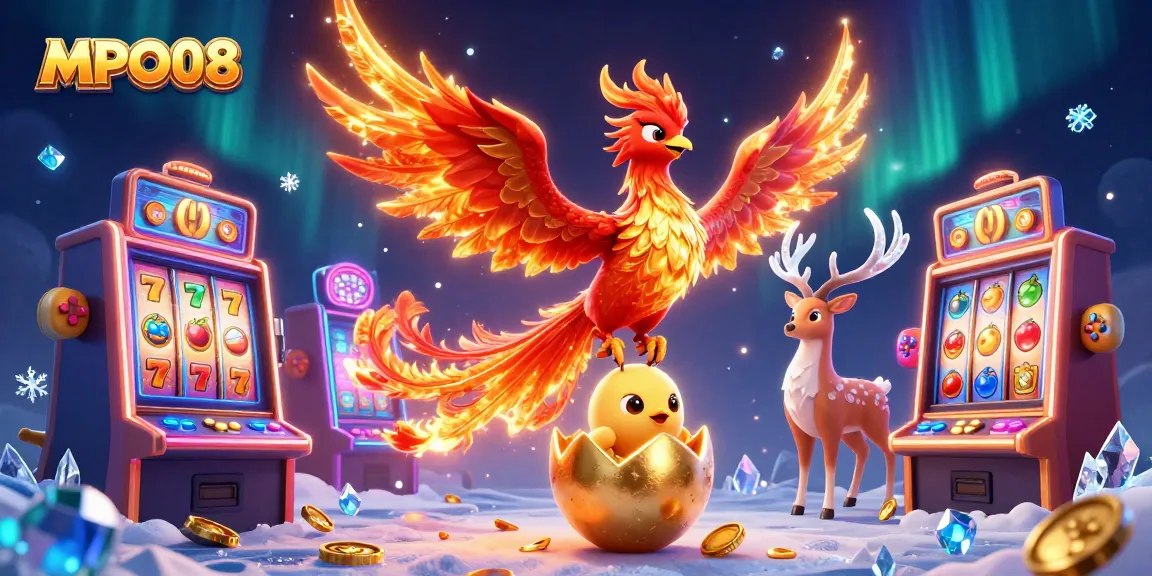 Experience the thrilling MPO08 online gaming platform with vibrant slot reels and a phoenix illustration.