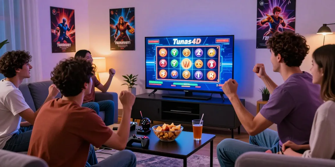 Tunas4D gaming night with friends celebrating a big win in a lively living room setting.