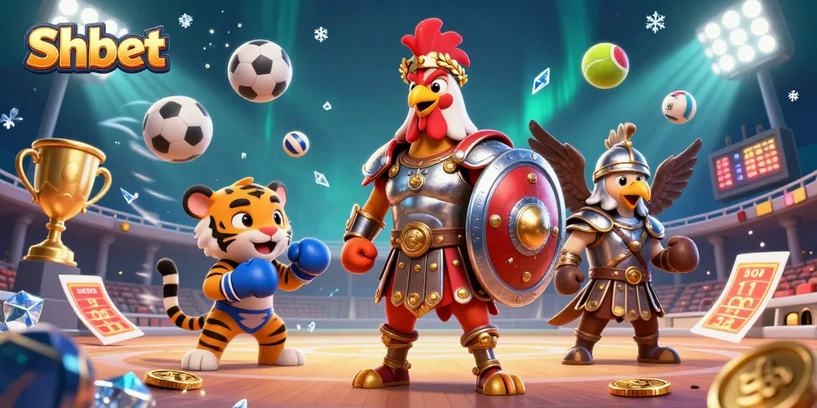 Engage in thrilling bets at Shbet, featuring a dynamic 3D gladiator rooster amidst vibrant casino elements