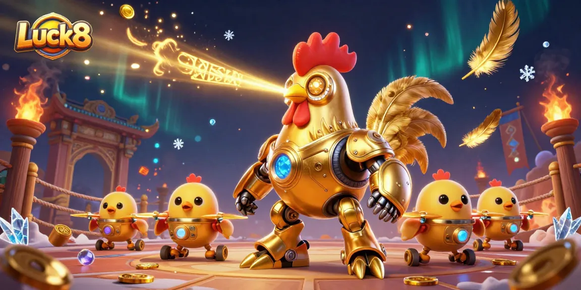 Experience the energetic essence of Luck8 with a golden rooster robot and baby chick drones amidst swirling gaming elements.