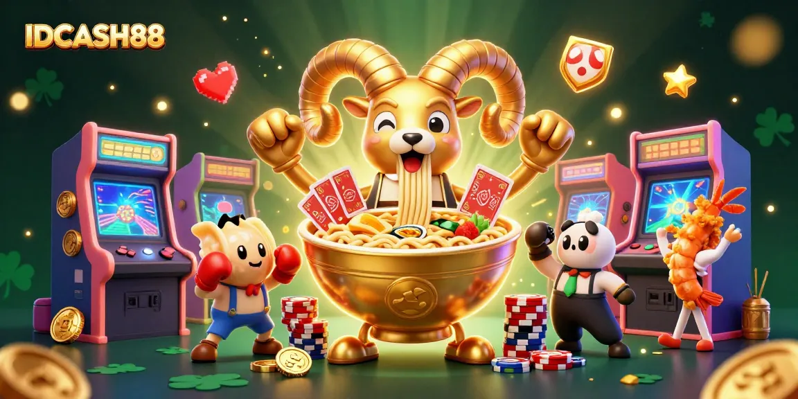 Play exciting games at IDCASH88, featuring a golden ramen bowl dealer surrounded by vibrant casino elements.