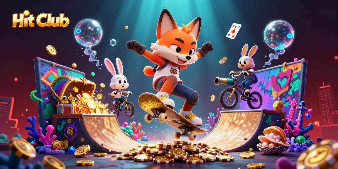 Hit Club showcases a lively scene with a skateboarder fox and BMX rabbit amidst casino-themed elements.