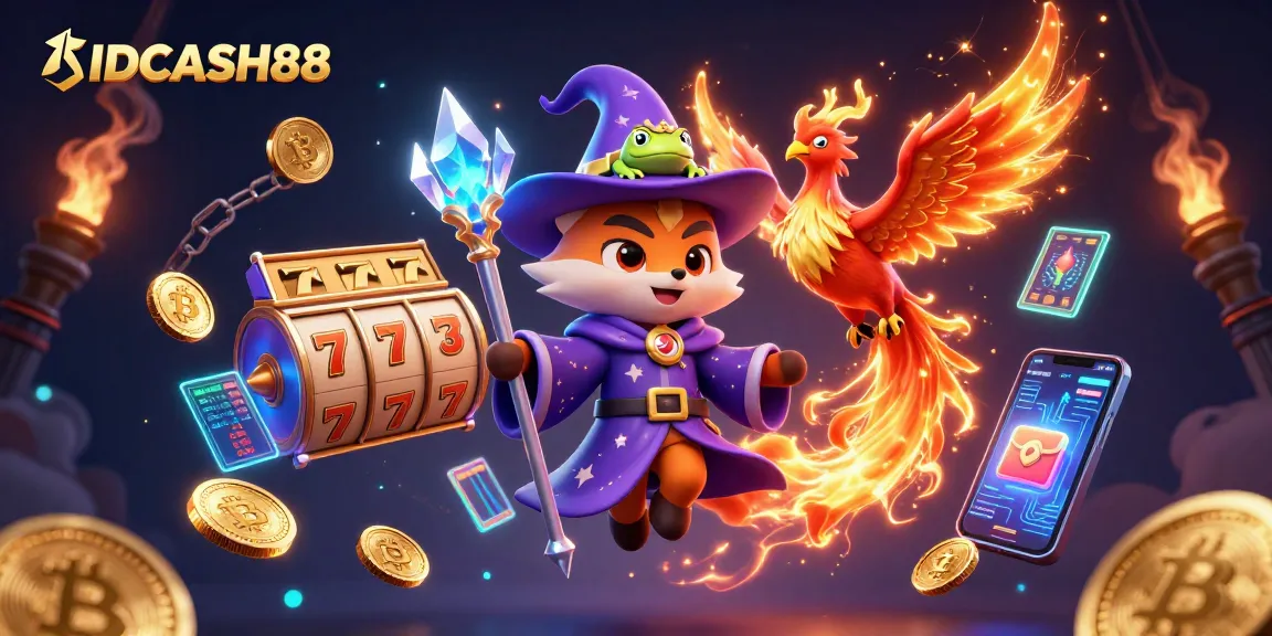 Play slots and win at IDCASH88, featuring a magical casino scene with vibrant characters and elements.