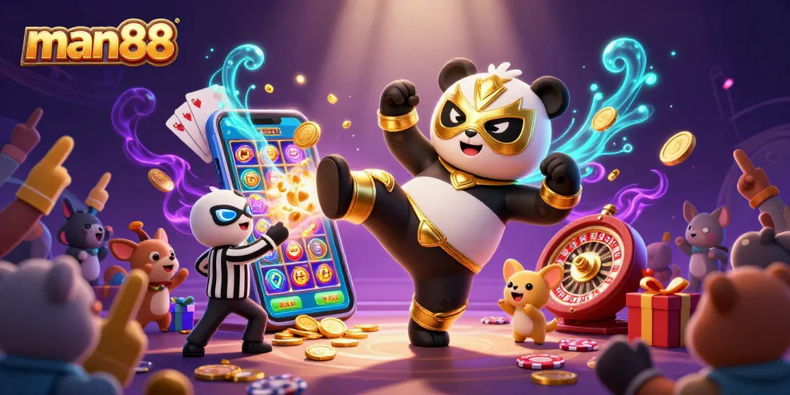 Experience the excitement of man88 with a flying panda wrestler in a dynamic 3D casino scene.