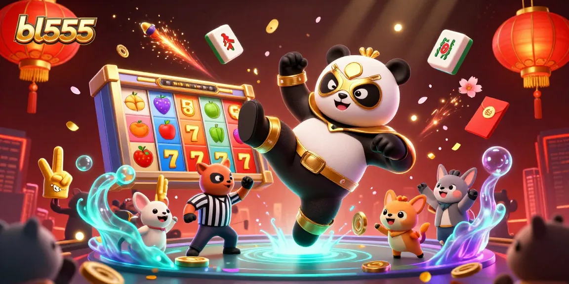 Experience thrilling gambling at bl555 with a vibrant casino illustration featuring animated characters and action-packed game elements.