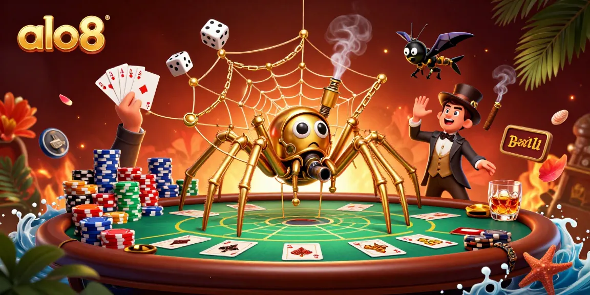 Play at alo8's vibrant online casino, illustrated steampunk aesthetic with golden gaming elements.