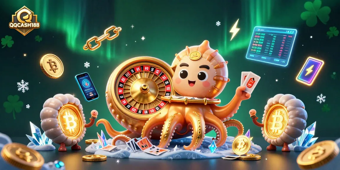 Experience QQCASH188 gameplay with an ancient nautilus roulette wheel, glowing crypto coins, and vibrant 3D elements.