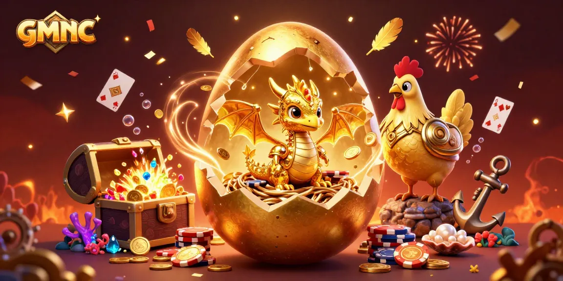 Engage with gmnc's adventure showcasing a golden egg revealing a dragon among poker chips and casino treasures.