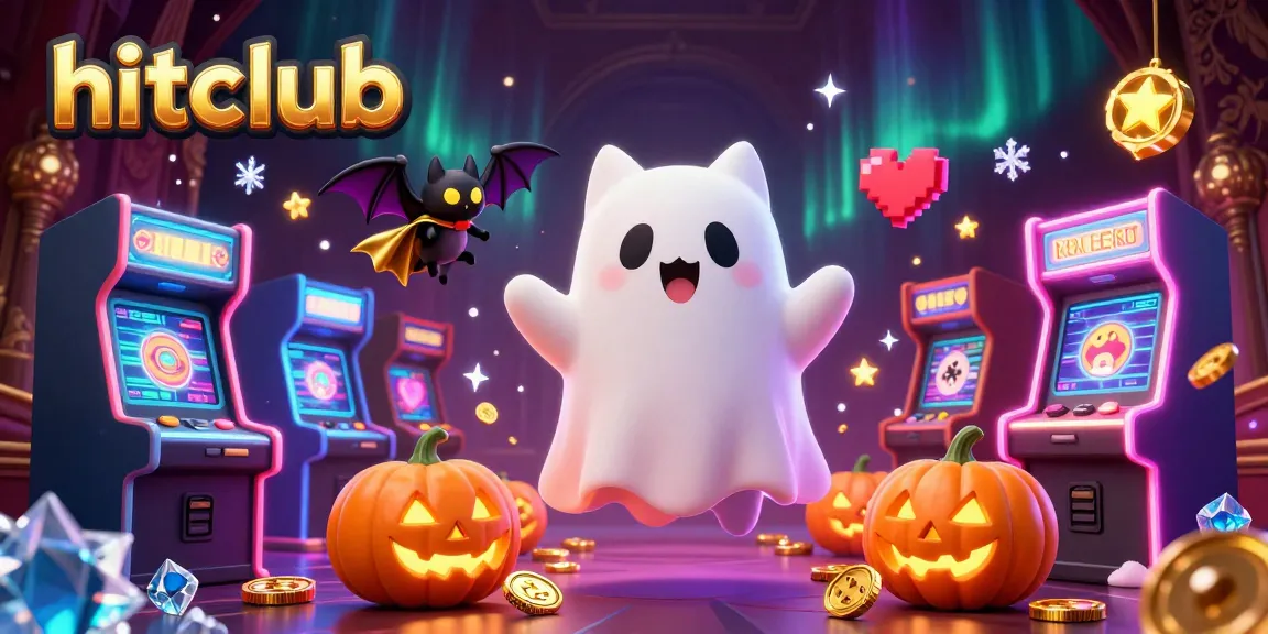 Experience the enchanting hitclub with a ghost cat and bat in a vibrant haunted casino scene.