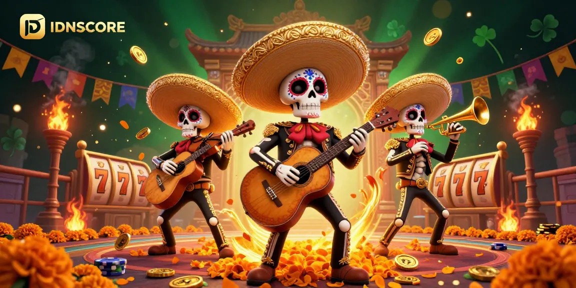 Experience thrilling gameplay aesthetics with IDNSCORE’s vibrant Day of the Dead mariachi band illustration, featuring slot reels and gold coins.