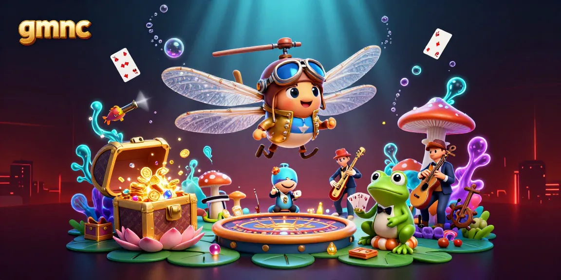gmnc reveals an exciting scene with dragonfly pilot and frog dealer amidst vibrant casino elements