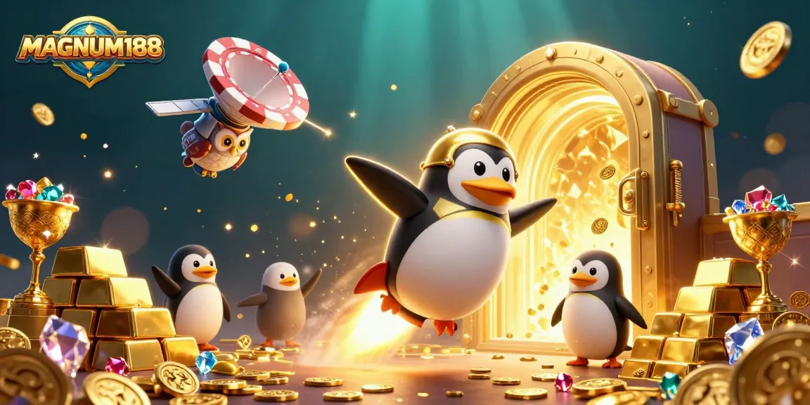 Experience thrilling adventures in MAGNUM188 as the golden penguin rockets through a casino space station, surrounded by treasures.