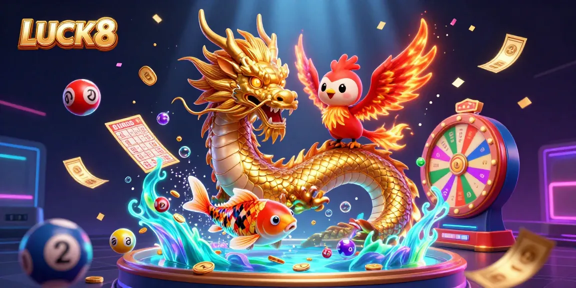 Experience the thrill with LUCK8's vibrant 3D casino scene featuring a golden dragon and exciting game elements.