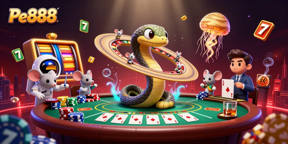 Engage with Pe888 as astronaut mice enjoy betting on Saturn's rings in this vibrant cosmic casino scene.